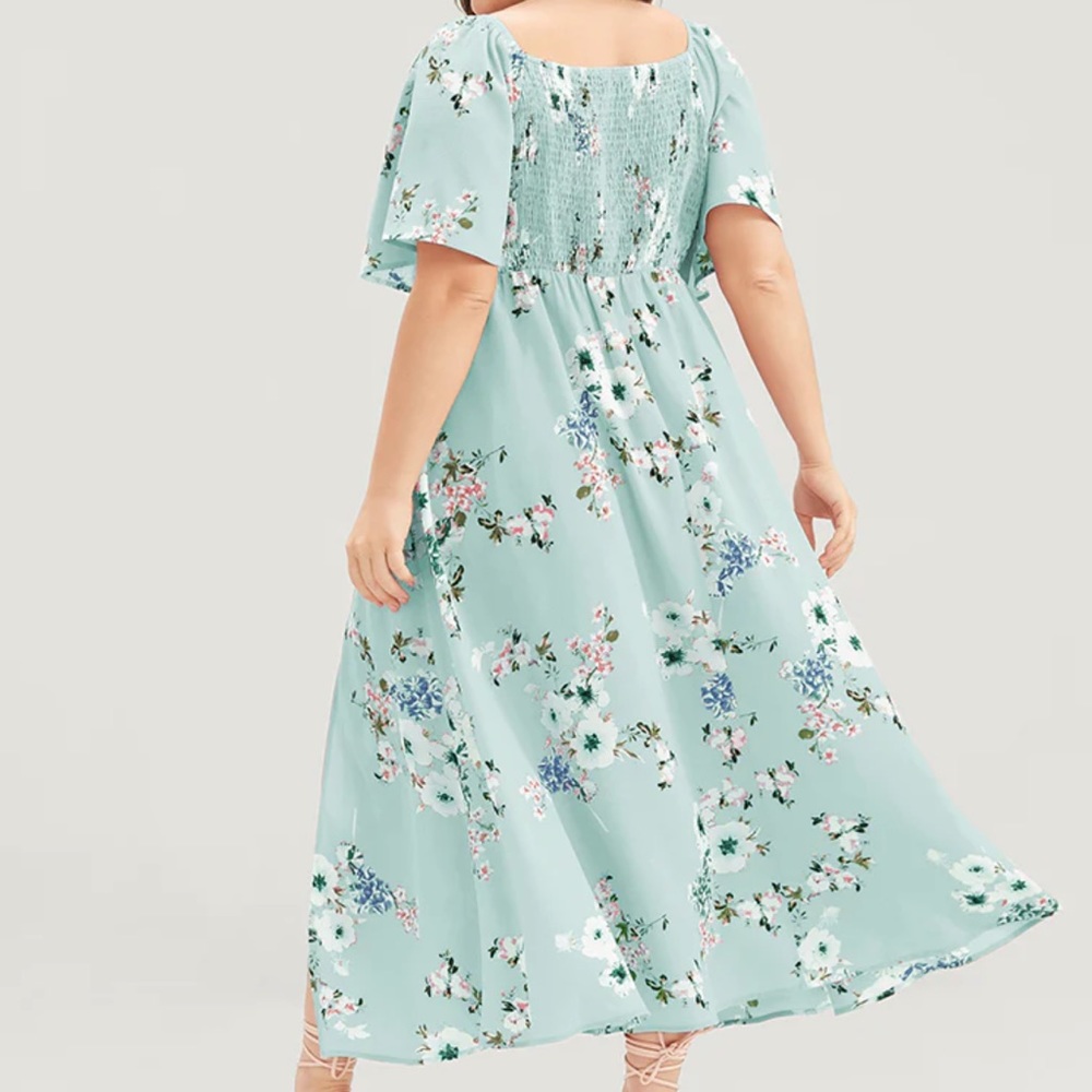 Floral Square Neck Ruffles Pocket Shirred Split Dress - Picture 2 of 2